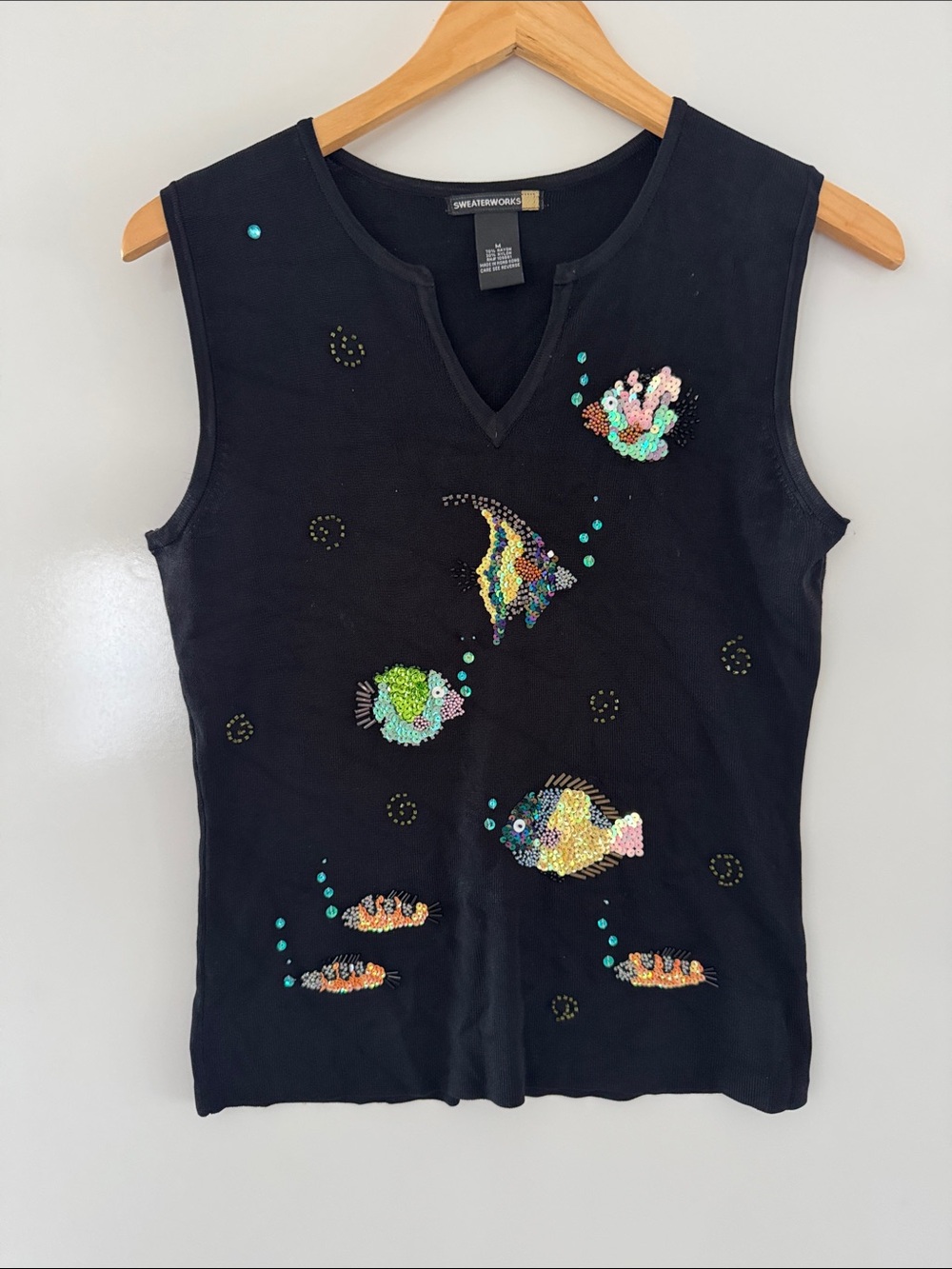 Vintage sweaterworks 90s rib knit sequin fish under sea Black Tank Top Medium